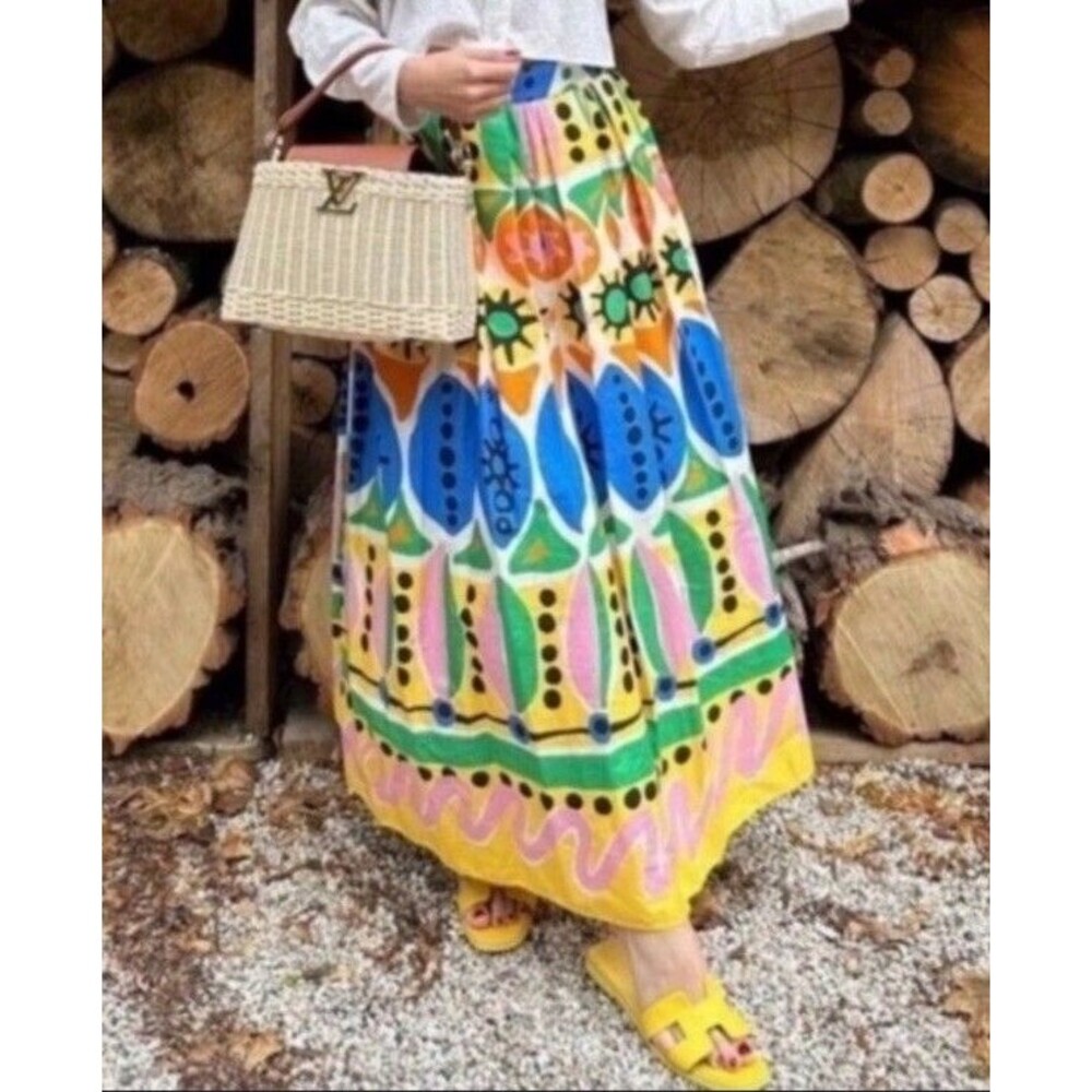 Zara M Maxi Skirt Batik Abstract African Colorful Rainbow Print Dopamine Dressin - Picture 4 of 7